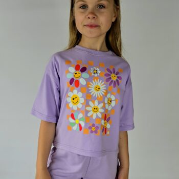 T-SHIRT OVERSIZE KRÓTSZY LILA KWIATKI